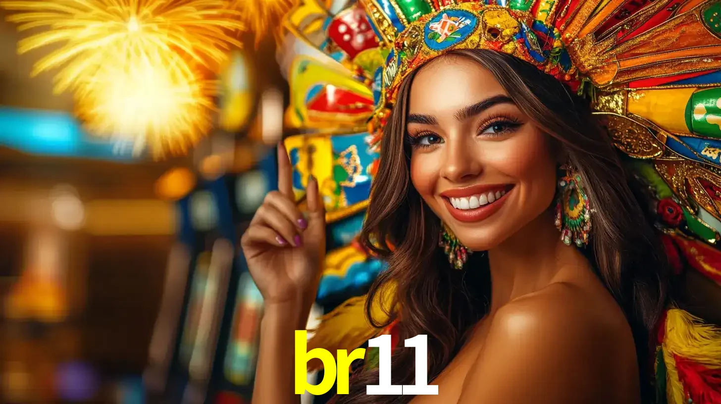 Mulher sorridente com um cocar de carnaval vibrante e colorido, celebrando uma grande vitória nos jogos do cassino br11 com fogos de artifício ao fundo.