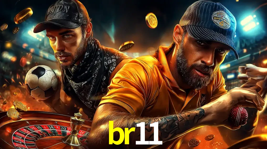 Montagem de apostas esportivas e cassino no br11, com um homem segurando uma bola de futebol e outro uma de beisebol sobre uma roleta e moedas voadoras.