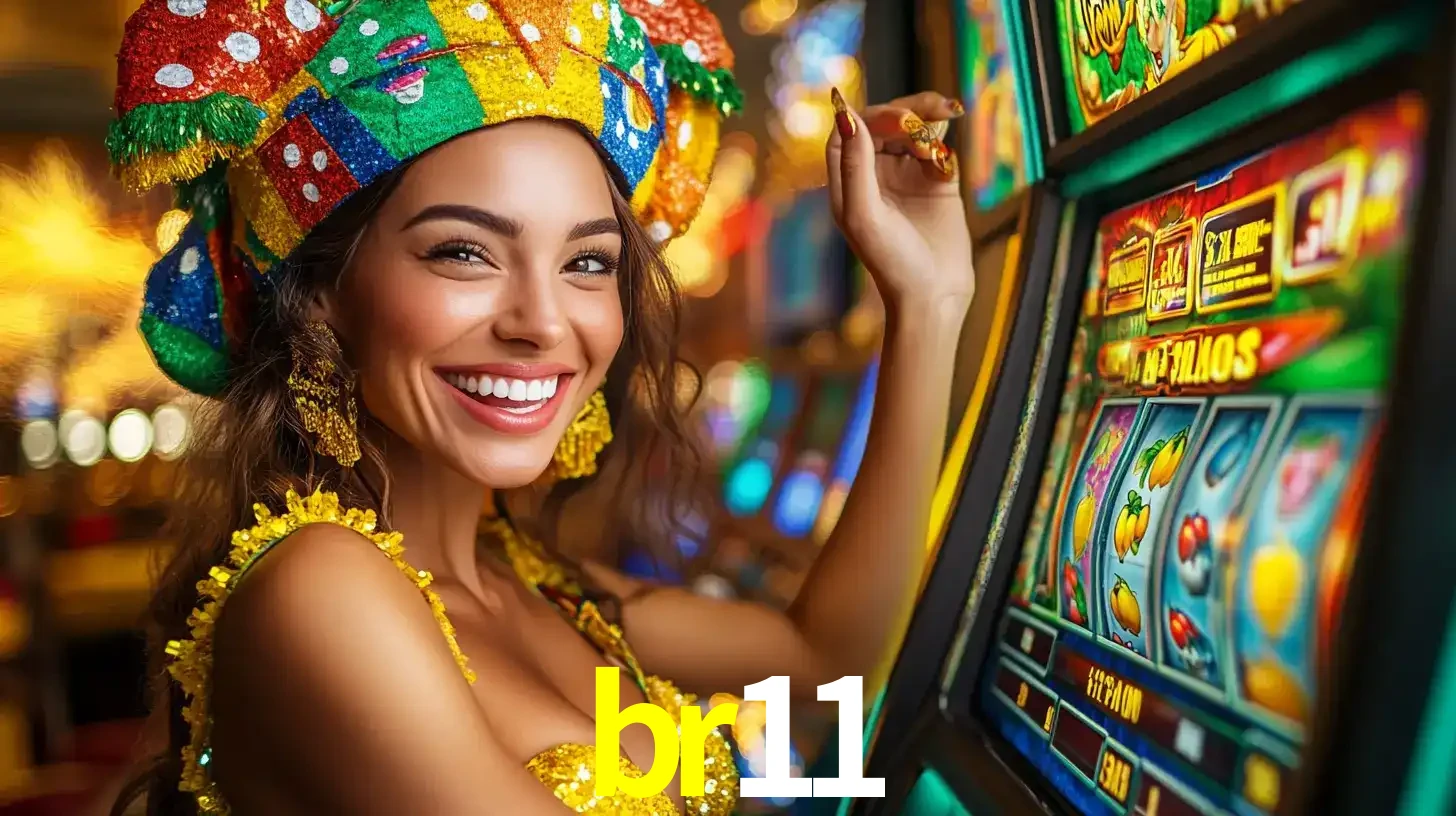Mulher feliz com traje de carnaval amarelo e colorido ao lado de uma máquina de caça-níqueis, aproveitando a diversão e os jogos temáticos do cassino br11.